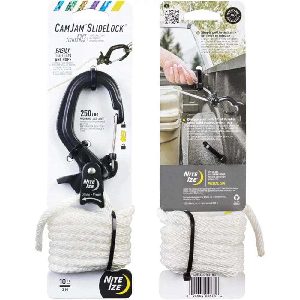 Nite Ize CamJam SlideLock Rope Tightener & 10 ft Nylon Rope - Features Pull-to-Tighten Lock & Quick-Release Lever - 250 lb Working Load Limit - Fits Rope Sizes 3–6mm - Large Camping Tools – Image 2
