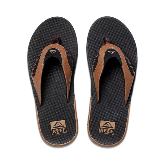 Reef Men's Fanning Bottle Opener Flip Flops Black/Tan Mens Sandals – Image 1