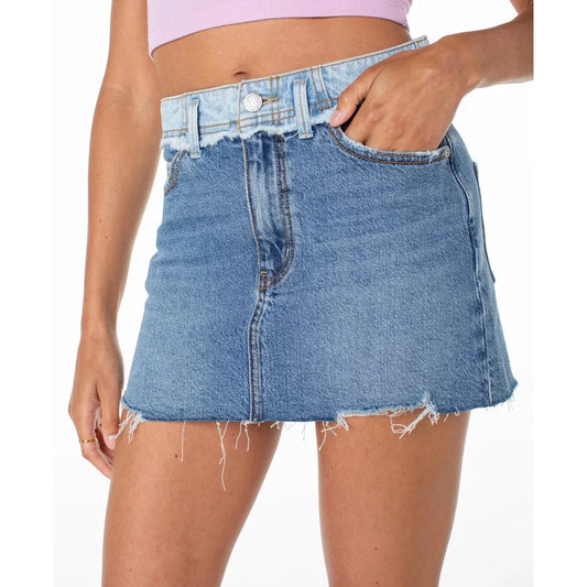 Roxy Sereia Two-Wash Denim Frayed-Hem Mini Skirt Womens Shorts – Image 1