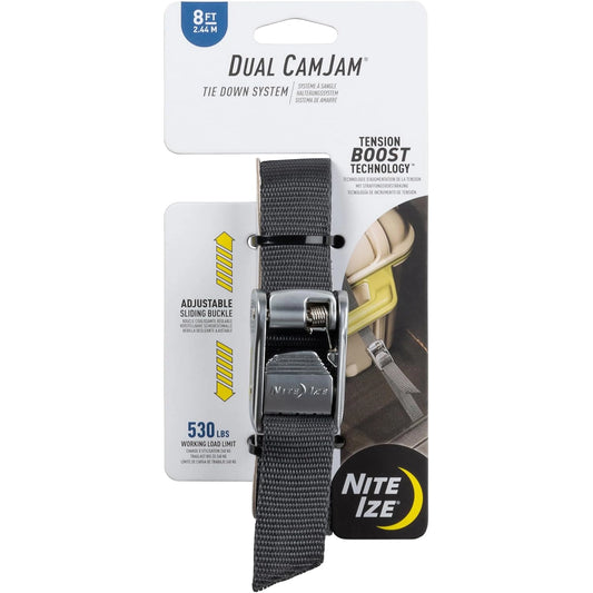 Nite IZE Dual CamJam Tie Down System - Tie Downs - Ratchet Straps - Tie Down Straps for Trucks & Cars - Luggage Strap for Camp Gear - Tie Downs Moving Supplies - 8 ft Strap, Black