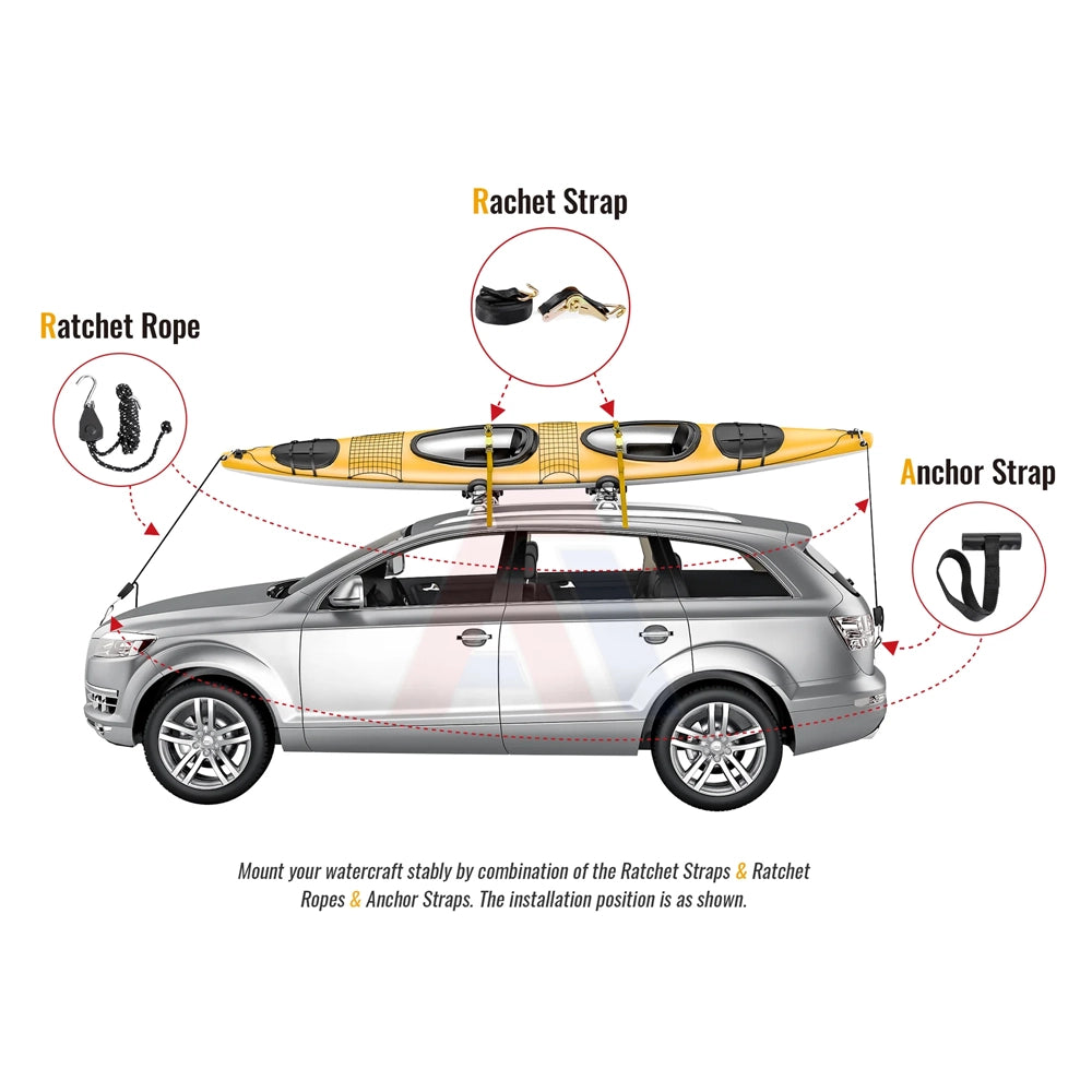 AA Products Inc 2 Pair Steel J-Bar Rack Roof Top Mount with Ratchet Bow and Anchor Straps