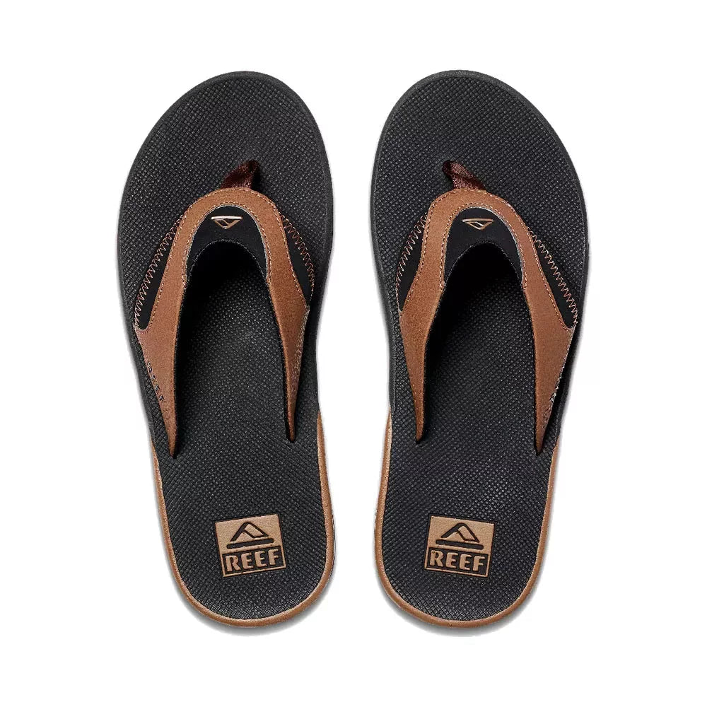 Reef Men's Fanning Bottle Opener Flip Flops Black/Tan Mens Sandals – Image 1